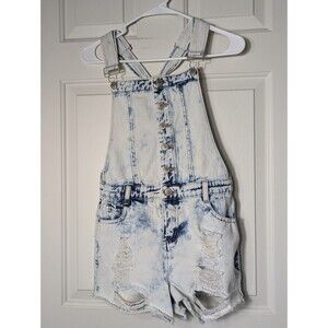 Hot Kiss Denim Overall Shorts Womens 7 Light Wash Distressed Cotton Button Front